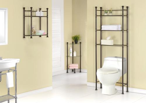 Monarch I 3421 Bathroom Accent - 33'h / Bronze Metal Corner / Glass; This bronze metal corner etagere with elegant tempered glass shelves offers a stylish solution to needing more storage space in your bathroom; Featuring a three tiered design and a chic bronze finish, use this convenient unit for keeping essential toiletries within reach as you need them or simply to display your favorite decorative items; PRODUCT DIMENSIONS: 12